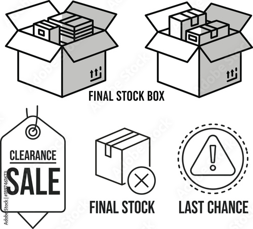 Vector line icon set for retail and e-commerce featuring clearance sales, final stock warnings, limited availability symbols, and last chance alerts, ideal for marketing
