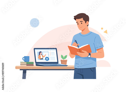 Man taking notes by laptop with video call, flat vector illustration