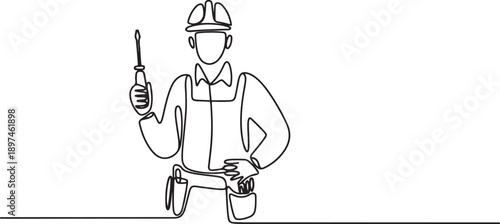 Set of builder with screwdriver in a work uniform, electrician, handyman, hard hat one line art. Continuous line drawing.one line icon illustration in white Background.