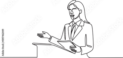 young beautiful business woman in suit giving statement speech. one line Art icon drawing vector