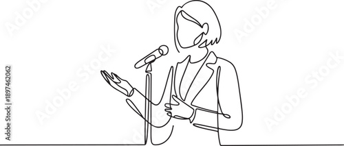 young beautiful business woman in suit giving statement speech. one line Art icon drawing vector