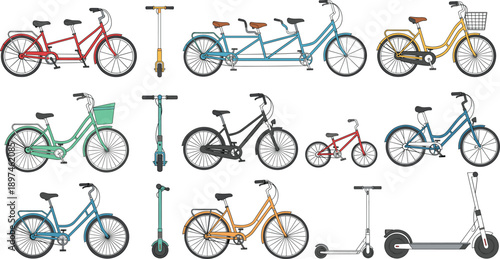 Bicycle and Scooter Illustration Set Featuring Different Bike Types, Tandem, Kids Bicycle, and Electric Scooter for Urban Transport Design