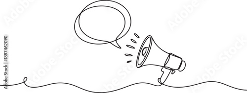 Continuous one line design of announcements via chat media and megaphone.one line icon illustration in white Background.