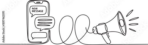 Continuous one line design of announcements via chat media and megaphone.one line icon illustration in white Background.
