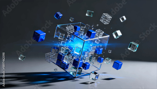 A vector 3D illustration depicting the deconstruction of a technological cube that breaks down into smaller pieces.