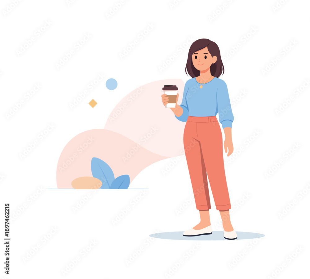 Obraz premium Woman holding coffee cup in casual attire, flat vector illustration