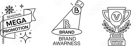 Mega Promotion, Brand Awareness, and Campaign Success icons. A set of three black and white vector graphics representing business and marketing concepts