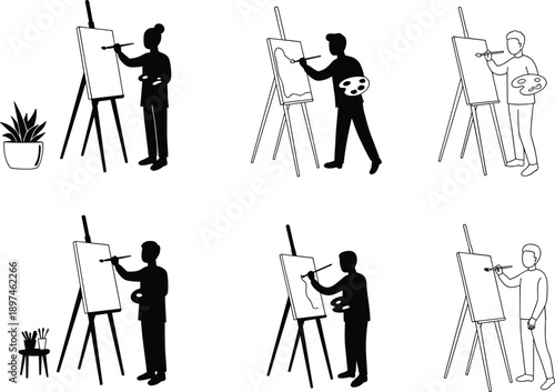 Painter silhouette vector set, canvas easel poses, black illustration, art studio icons, brush and palette, creative activity graphics