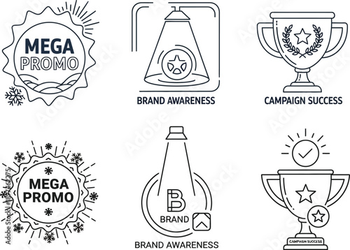 Modern outline vector icons symbolizing effective promotional strategies, global brand recognition, and triumphant business campaign outcomes