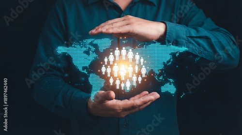 Businessman holding global community network connection concept