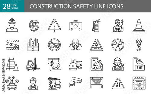 Construction Safety Line Icons Vector Hardhat Hazard Warning OSHA Set