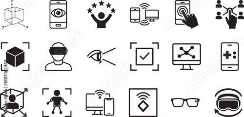 Augmented reality icon set in vector EPS style for AR, VR, metaverse, mobile apps, UI, and tech design