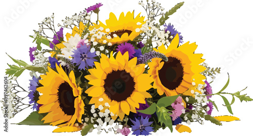 Vibrant Sunflower Bouquet Illustration for Greeting Cards and Summer Decorations Vector Graphic