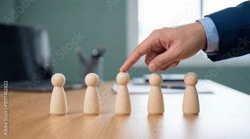 Businessman selecting wooden figurine representing leadership and recruitment