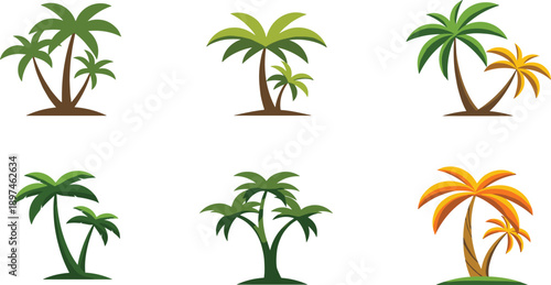 Palm tree colorful vector set, tropical beach illustration collection, exotic island design, summer holiday artwork, coastal paradise art, cad drawing flat vector illustration