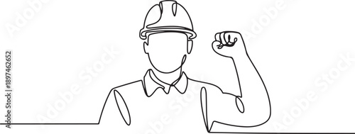 Civil engineer with hard hat on his head doing power sign art concept. one line Art icon drawing vector