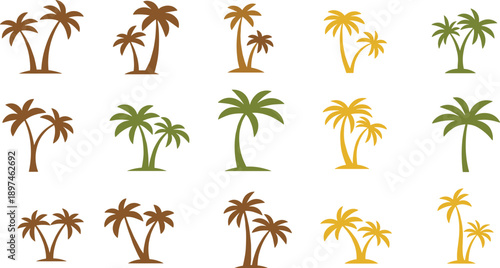 Palm tree icon collection, tropical beach vector set, exotic island design, summer holiday artwork, coastal paradise illustration, cad drawing flat vector illustration