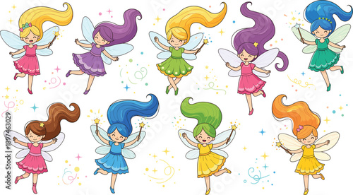 Cute Fairy Characters Illustration Set with Magical Girls, Wings, Sparkles, and Colorful Dresses for Fantasy and Children Design