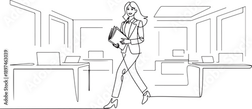 businesswoman walking cheerfully with files in her hands in the office. one line Art icon drawing vector