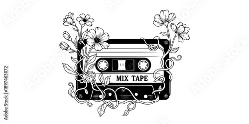 Retro Cassette Tape Botanical Growth Silhouette