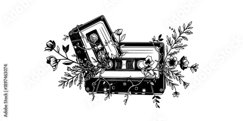 Retro Cassette Tape Botanical Growth Silhouette