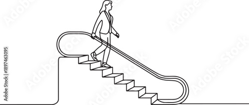 Beautiful woman going up by moving escalator. career ladder of an employee. one line Art icon drawing vector