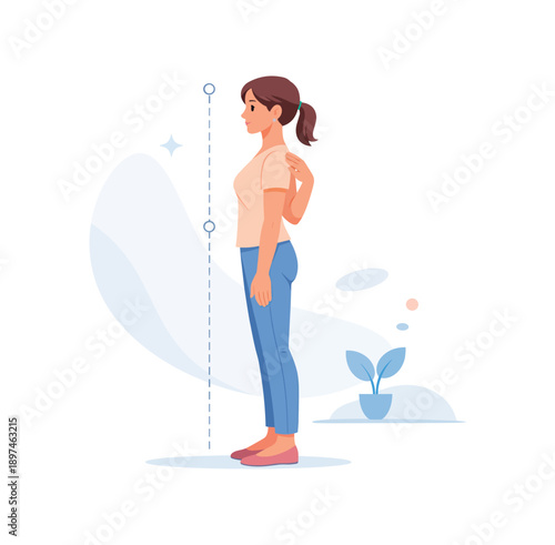 Woman practicing good posture standing straight pose, flat vector illustration