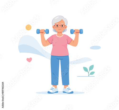 Elderly woman exercising with dumbbells, flat vector illustration