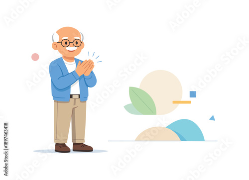 Elderly man clapping joyfully in casual outfit, flat vector illustration