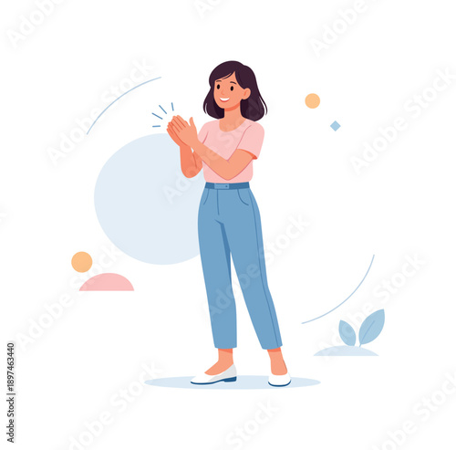 Smiling woman clapping her hands, flat vector illustration
