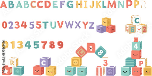 Colorful alphabet letters and numbers toy blocks set, playful educational elements for kids learning, preschool typography and early education concept, flat vector illustration