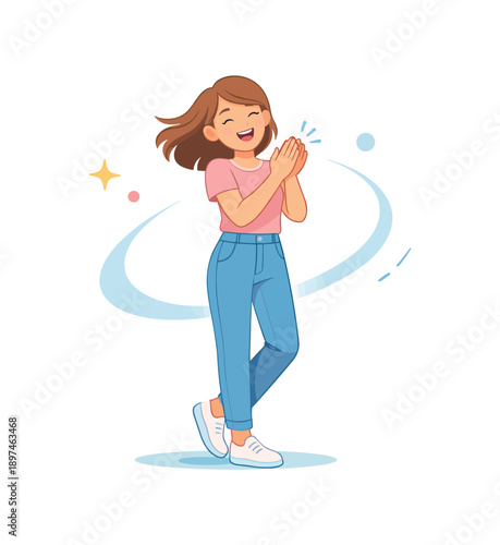 Happy girl clapping and smiling in casual outfit, flat vector illustration