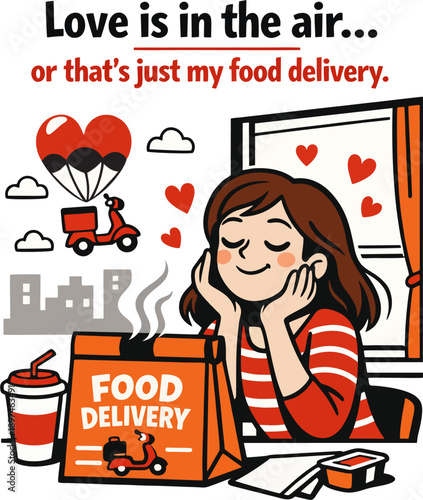 Woman daydreaming about love while awaiting food delivery