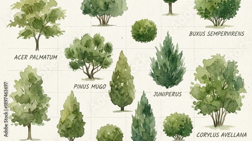 Watercolor Collection Of Various Trees And Shrubs Botanical Illustration Featuring Green Foliage Against A Textured Beige Background