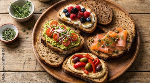 Assortment of Gourmet Open Faced Sandwiches On Whole Grain Bread With Fresh Toppings Including Smoked Salmon Avocado Hummus Berries And