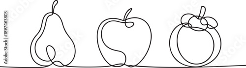 Pear, apple and mangosteen one continuous line design. Fruits symbol design concept.one line icon illustration in white Background.
