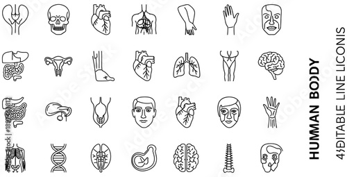 Human Body Icon Set: Organs, Systems, Skeleton, DNA, Reproductive Anatomy, Hands, Faces, Black and White, Minimalist Style, Medical and Educational Illustration