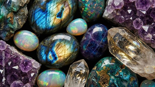 Assortment of Polished Gemstones and Raw Crystal Clusters Including Luminous Opals and Iridescent Labradorescent Against a Dark Background