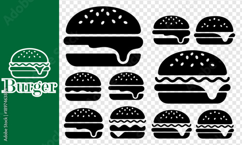 Black and white burger icons and illustrations on a green background