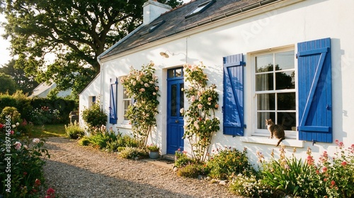 Charming White Cottage with Blue Shutters and Climbing Roses Bathed in Golden Hour Sunlight with a Cat on the Windowsill