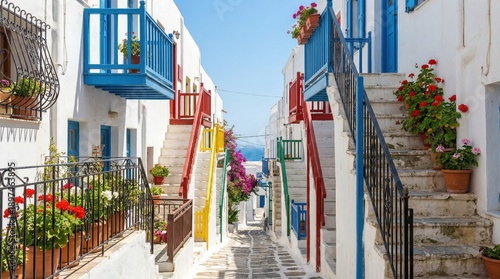 Charming Whitewashed Alleyway Lined With Colorful Blue And Red Accents And Blooming Flowers In A Mediterranean Village On A Sunny Day