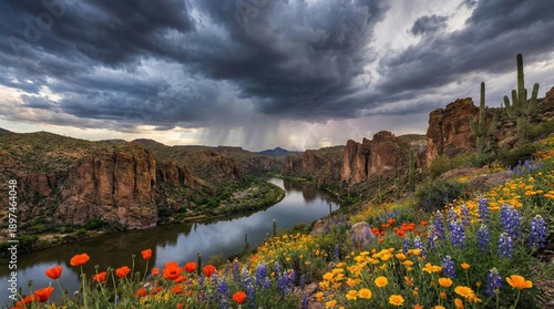 Dramatic Desert Canyon River Scene With Wildflowers and Approaching Thunderstorm Under Moody Stormy Skies