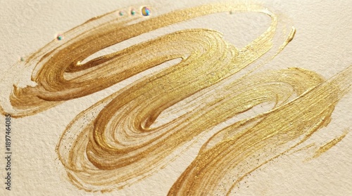 Elegant Golden Swirls of Glitter Paint on Textured Beige Surface with Subtle Bubbles and Light Reflections