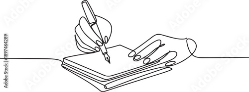 Hands holding stationery with continuous one line drawing style.one line icon illustration in white Background.