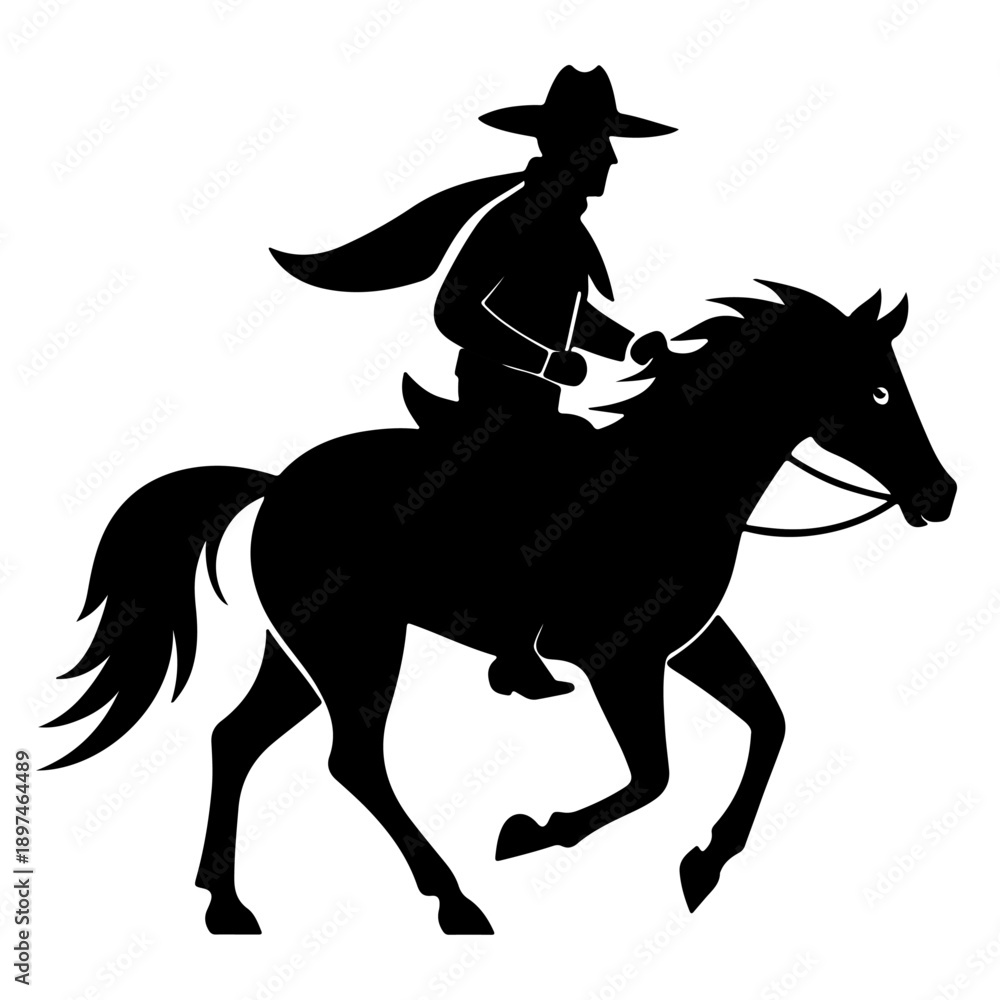 Naklejka premium Black cowboy riding a running horse Vector silhouette