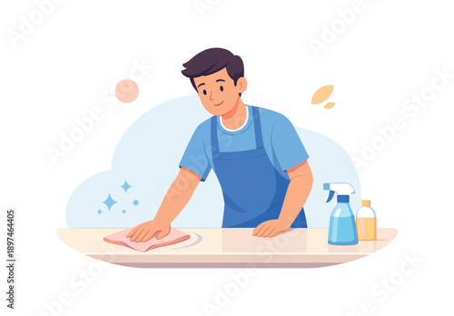 Man cleaning table with spray bottle, flat vector illustration