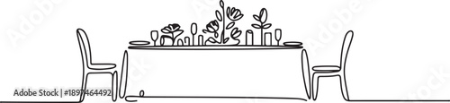 long table set for guests and decorated with flowers and candles.one line icon illustration in white Background.