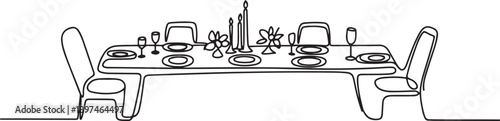long table set for guests and decorated with flowers and candles.one line icon illustration in white Background.