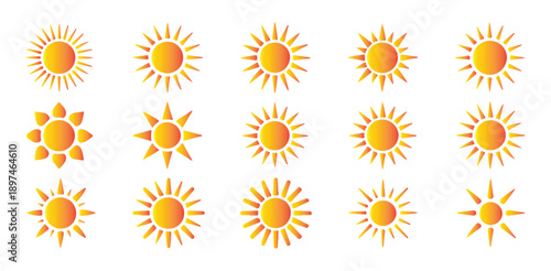 Sun Icons Set. Bright Sunny Weather Symbols Collection in Flat Gradient Style. Vector illustration eps 10