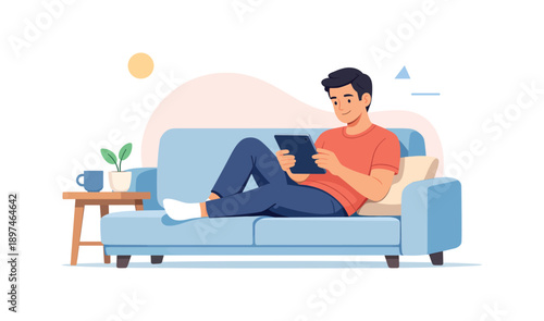 Man relaxing on sofa with tablet, flat vector illustration
